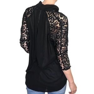 Lace knit sleeve black sheer blouse
